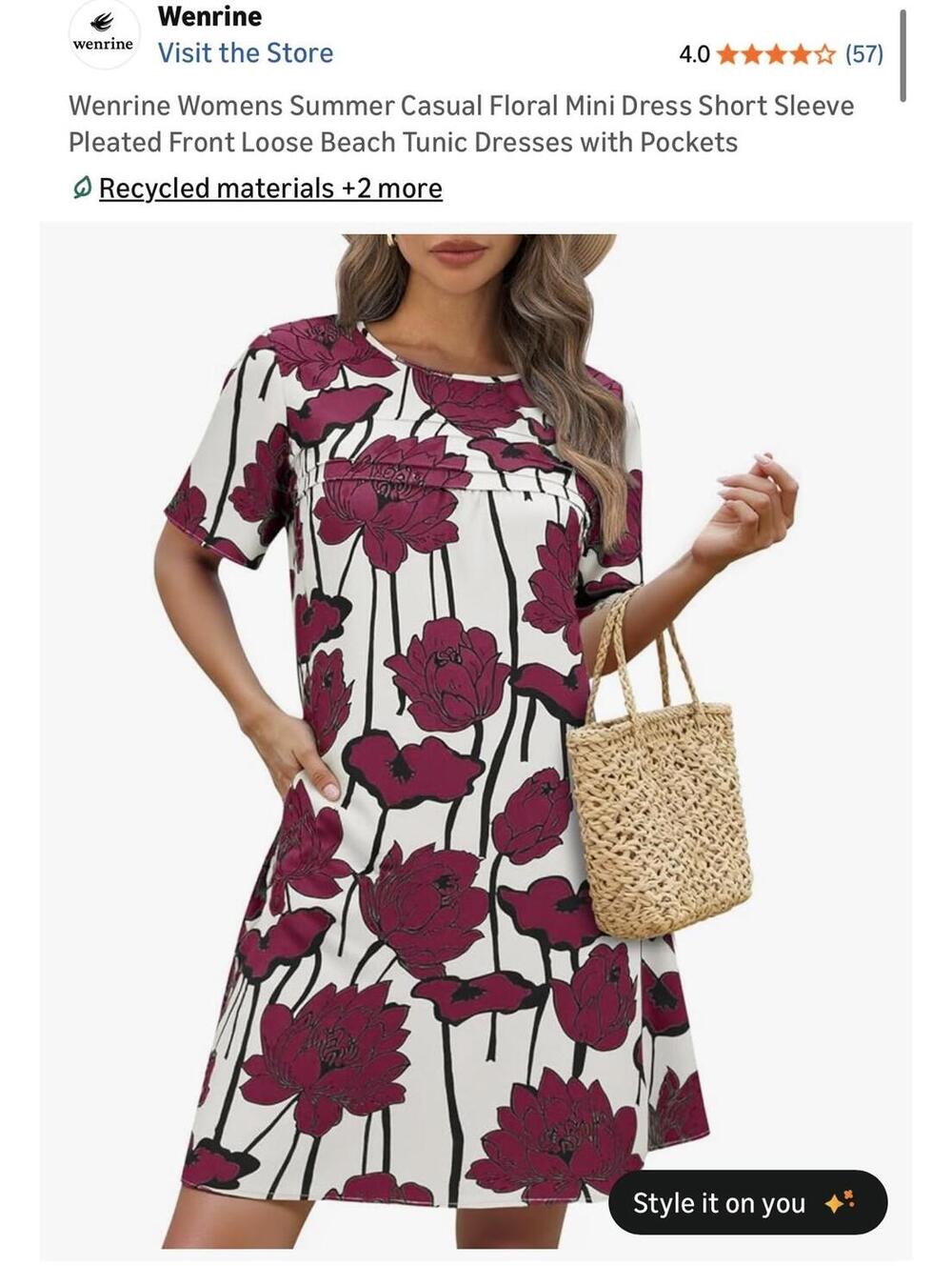 Wenrine Women's Summer Casual Floral Mini Dress Short Sleeve Pleated Front Loose